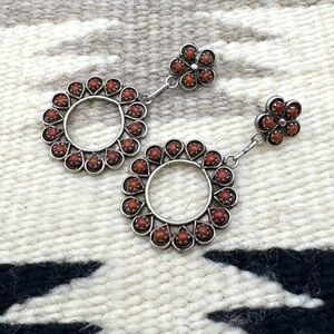 Zuni Native American Sterling Silver Coral Snake Eye Petit Point Dangle Earrings